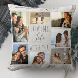Loving Life with You 7 Photo Collage Grey Marble Throw Pillow<br><div class="desc">Chic and stylish photo collage pillow which you can personalize with 7 of your favourite photos. The template is set up ready for you to add your photos, working clockwise from the top left. Your photos are set against a modern watercolor marble in grey and white. The wording reads "loving...</div>