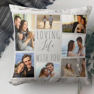 Loving Life with You 7 Photo Collage Grey Marble Throw Pillow