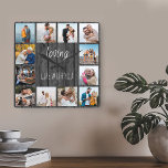Loving Life with You Quote 12 Photo Grey Wood Square Wall Clock<br><div class="desc">Photo clock with happy quote and 12 of your favourite pictures of family and friends. The photo template is set up for you to create your own grid style photo collage to frame the quote reads "loving life with you". The design is lettered in neat script and skinny font typography...</div>