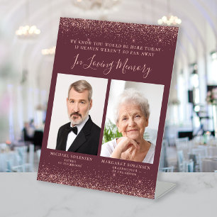 Loving Memory 2 Photo Burgundy Rose Gold Wedding Pedestal Sign