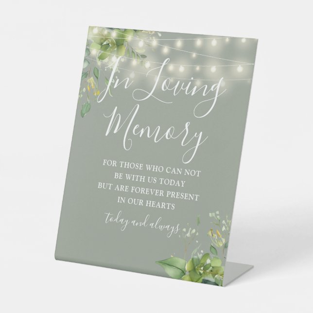 Loving Memory Greenery Lights Sage Green Wedding Pedestal Sign (Front)