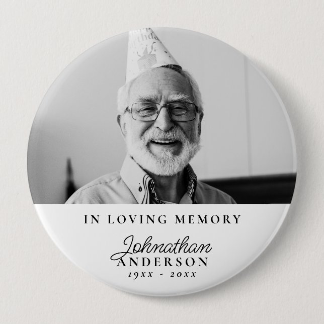 Loving Memory Modern Black & White Photo Funeral 4 Inch Round Button (Front)