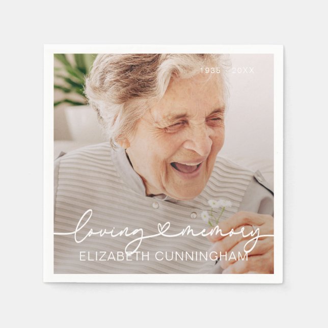 Loving Memory Modern Elegant Heart Photo Memorial Napkin (Front)
