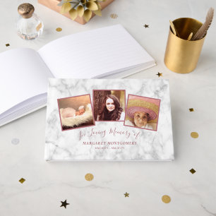 Loving Memory Rose Gold Pink Marble Photo Collage Guest Book