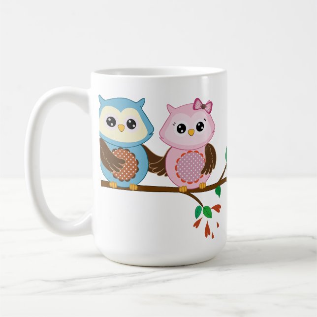 Loving Owl couple on a branch Coffee Mug (Left)