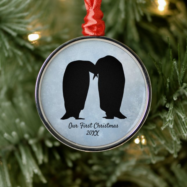 Loving Penguin Couple Christmas Metal Ornament (Tree)