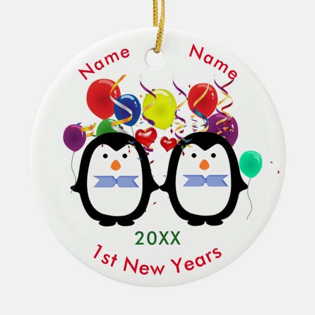 Loving Penguin Couple Two Males 1st New Years Ceramic Ornament (Front)