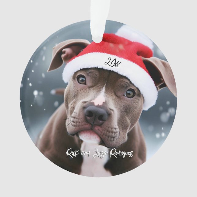 Loving Pit Bull with Santa Hat Christmas Ornament (Front)