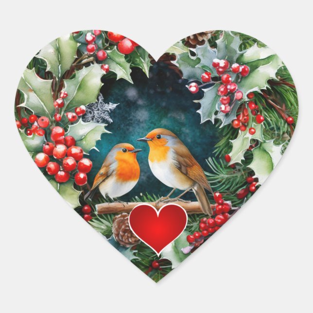 Loving robins, holly and heart  sticker (Front)