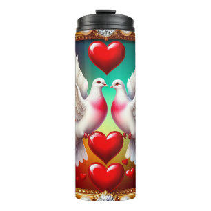 Loving White Doves Framed with Hearts Thermal Tumbler