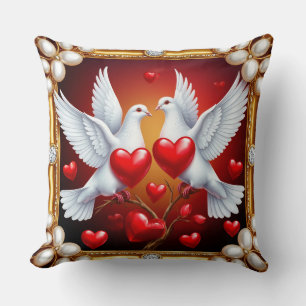 Loving White Doves Framed with Hearts Throw Pillow