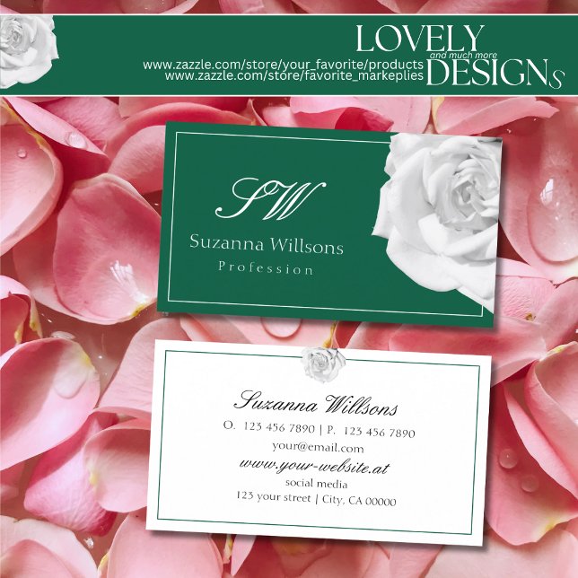 Lovingly White Rose on Green with Initials Simple Business Card (Creator Uploaded)