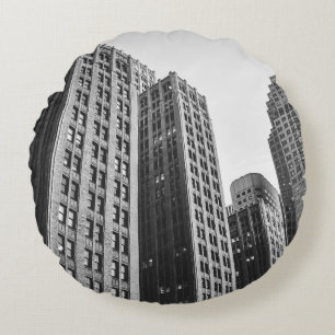 LOW ANGLE GRAYSCALE PHOTOGRAPHY OF HIGH-RISE BUILD ROUND PILLOW