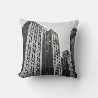 LOW ANGLE GRAYSCALE PHOTOGRAPHY OF HIGH-RISE BUILD THROW PILLOW
