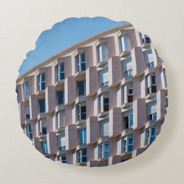 LOW ANGLE PHOTO OF GRAY CONCRETE BUILDING ROUND PILLOW (Front)