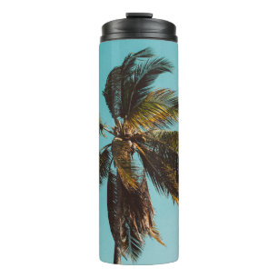 Low angle photography of coconut tree thermal tumbler