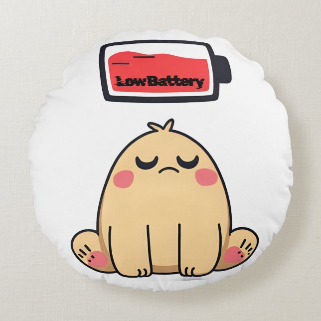 Low Battery Mood – Funny Comic Doodle Round Pillow (Front)