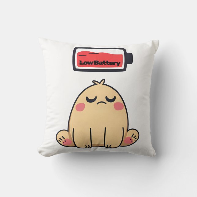 Low Battery Mood – Funny Comic Doodle Throw Pillow (Front)
