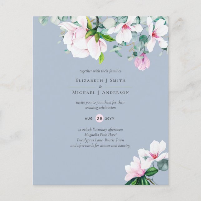 LOW BUDGET Pink Magnolias Eucalyptus Blue Wedding Flyer (Front)