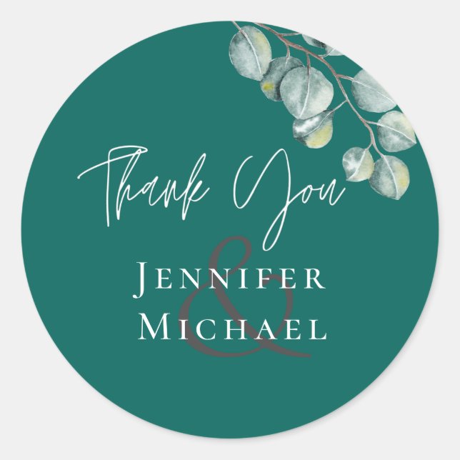 Low Budget TEAL White EUCALYPTUS Wedding Classic Round Sticker (Front)