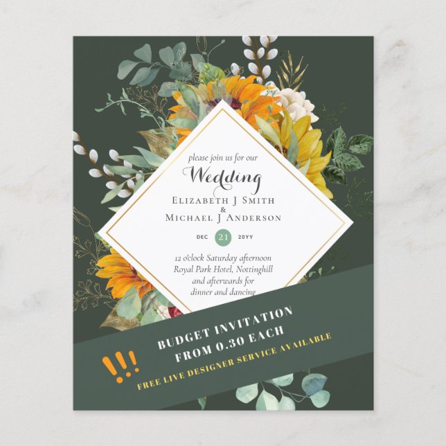 LOW BUDGET WEDDING INVITATIONS - SUNFLOWERS SATIN FLYER (Front)