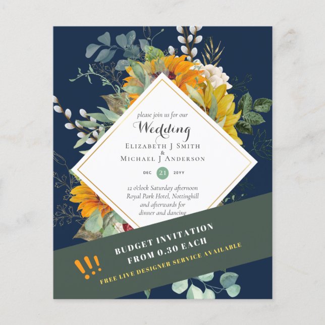 LOW BUDGET WEDDING INVITATIONS - SUNFLOWERS SATIN FLYER (Front)