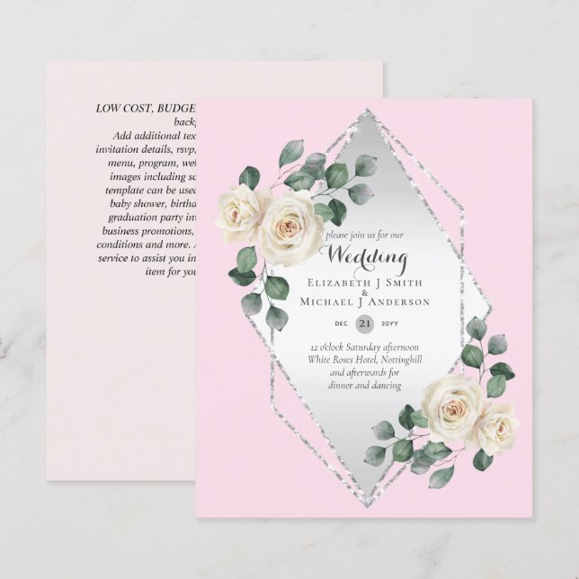 Low Budget White Rose Diamond Frame Wedding Invite (Front/Back)