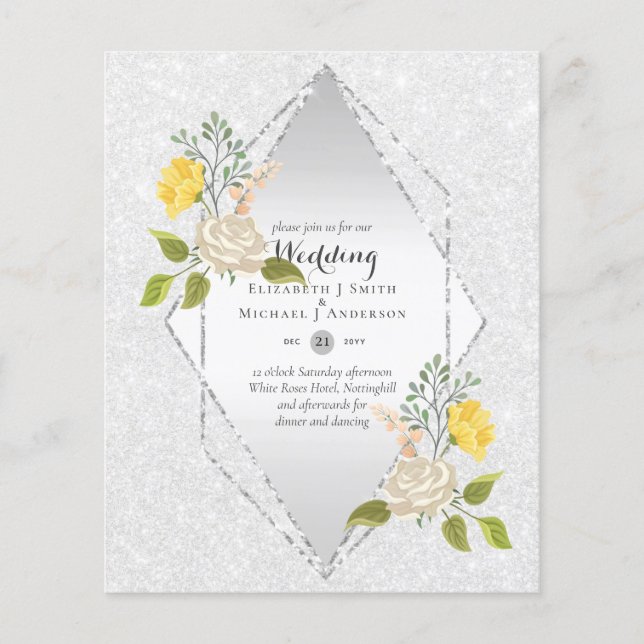 LOW BUDGET White Rose Yellow Flower Wedding Invite Flyer (Front)