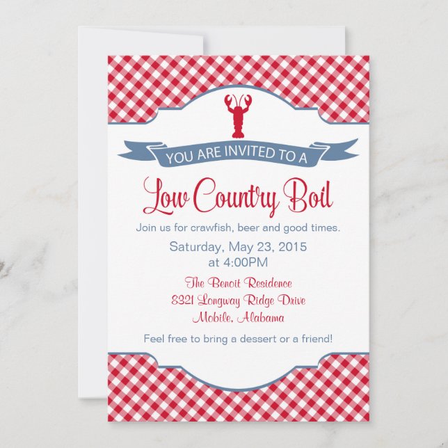 Low Country Boil, Crawfish, Crab BBQ Invitation (Front)
