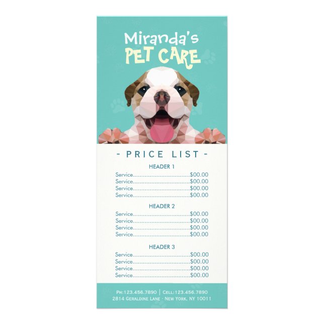 Low Poly Dog Pet Care Grooming Bathing Price List Rack Card (Front)