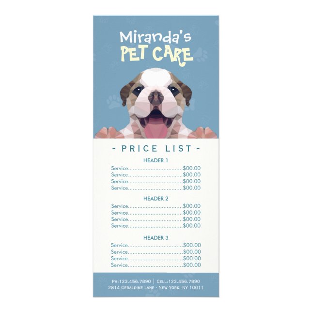 Low Poly Dog Pet Care Grooming Bathing Price List Rack Card (Front)