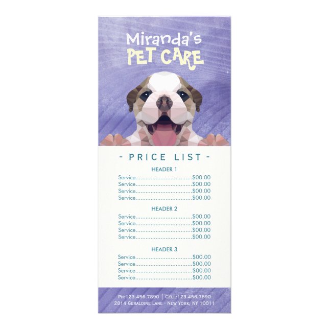 Low Poly Dog Pet Care Grooming Bathing Price List  Rack Card (Front)