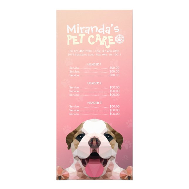 Low Poly Dog Pet Care Grooming Bathing Price List Rack Card (Front)