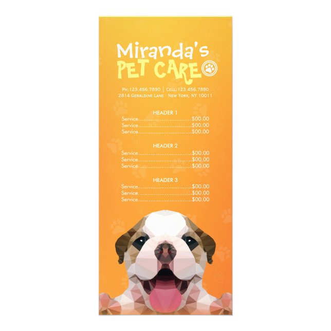 Low Poly Dog Pet Care Grooming Bathing Price List Rack Card (Front)