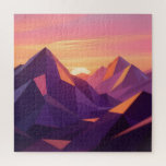 Low Poly Mountain Sunset Geometric Jigsaw Puzzle<br><div class="desc">Experience the magical calm of dusk in this stunning low-poly landscape. Jagged, faceted mountain peaks in deep violet and indigo rise dramatically against a glowing gradient sky of soft pink, peach, and warm orange. A radiant setting sun nestles between the summits, casting golden-orange highlights across angular ridges and creating a...</div>