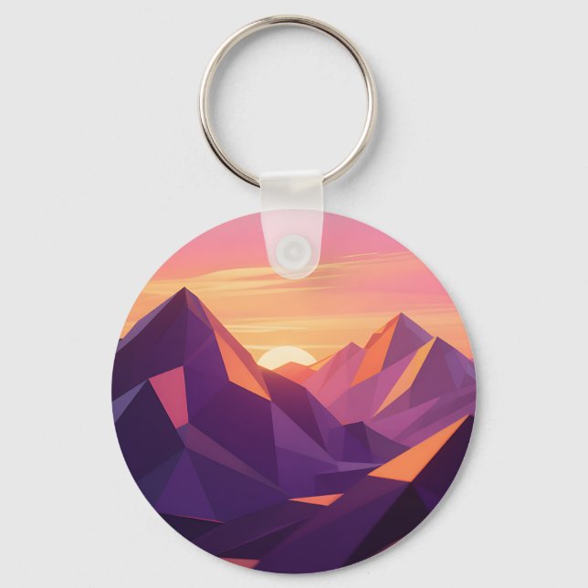 Low Poly Mountain Sunset Geometric Keychain (Front)