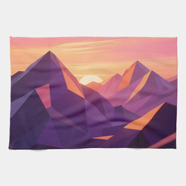 Low Poly Mountain Sunset Geometric Kitchen Towel (Horizontal)
