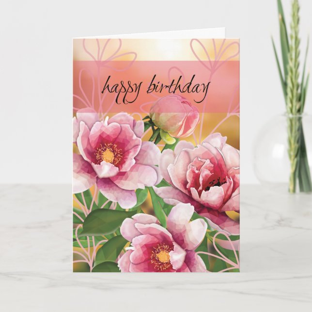 Low Poly Peony Birthday Card (Front)