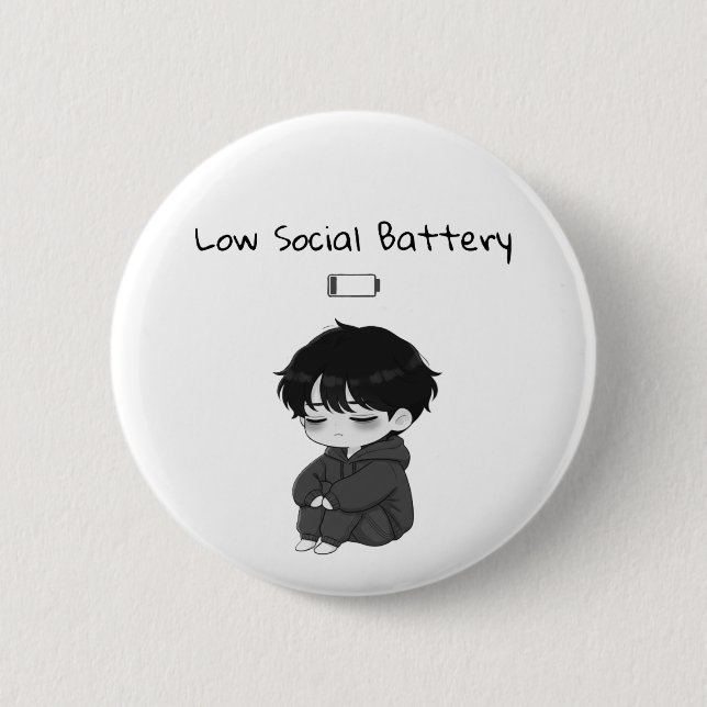 Low Social Battery Relatable Chibi Boy 2 Inch Round Button (Front)