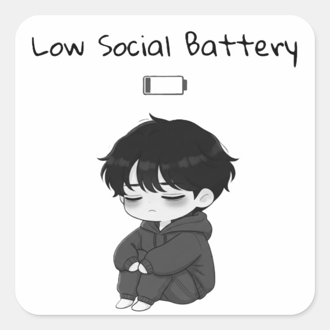 Low Social Battery Relatable Chibi Boy Square Sticker (Front)
