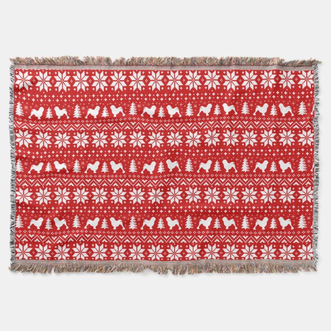 Lowchen Dog Silhouettes Christmas Pattern Red Throw Blanket (Front)