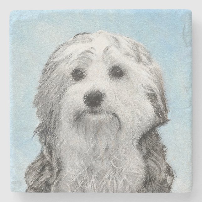 Lowchen Painting - Cute Original Dog Art Stone Coaster (Front)