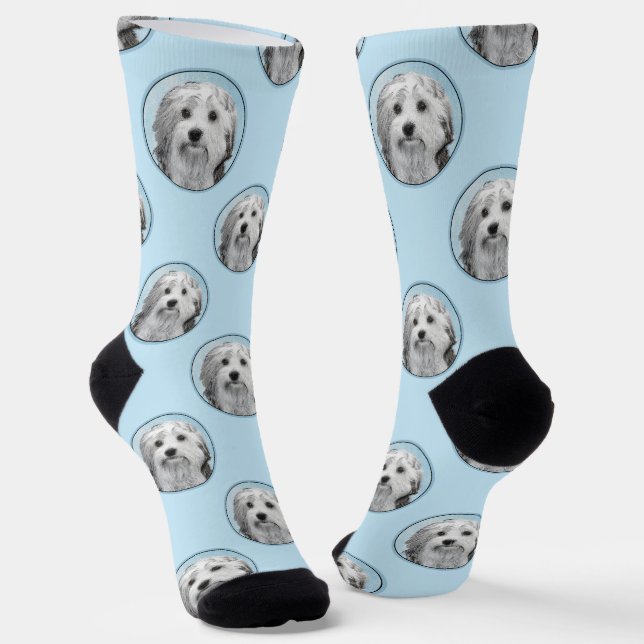 Lowchen Painting Silver and Cream Original Dog Art Socks (Angled)