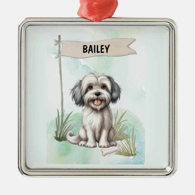 Lowchen Watercolor Personalized Dog Metal Ornament (Front)