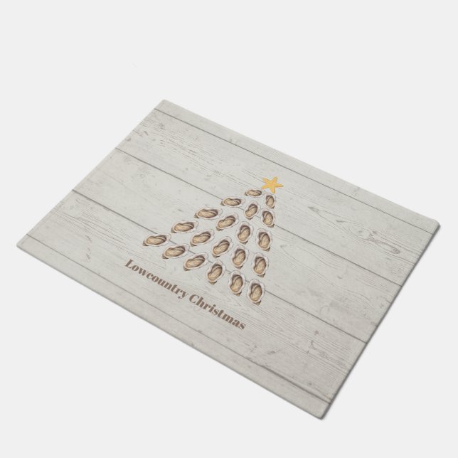 Lowcountry Oyster Christmas Tree on Wood Plank  Doormat (Angled)