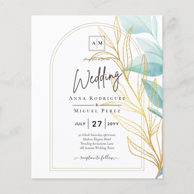 Lowest BUDGET All-in-1 Teal Gold Leaves Wedding Fl Flyer (Front)