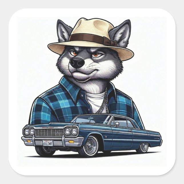 Lowrider Wolf Square Sticker (Front)