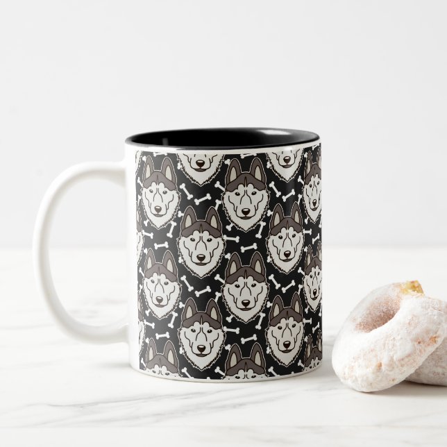 Loyal Siberian Husky Arctic Sled Dog Pet Puppy Two-Tone Coffee Mug (With Donut)