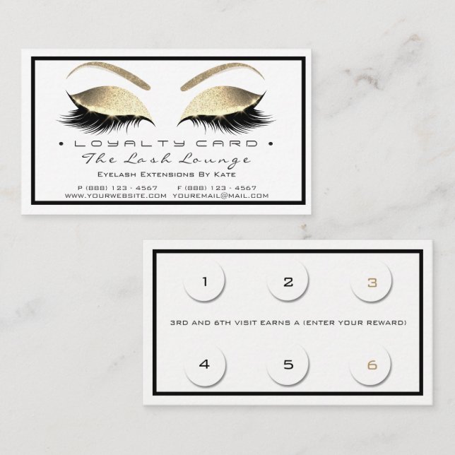 Loyalty Card 6 Beauty Salon Lashes White Gold Glam (Front/Back)