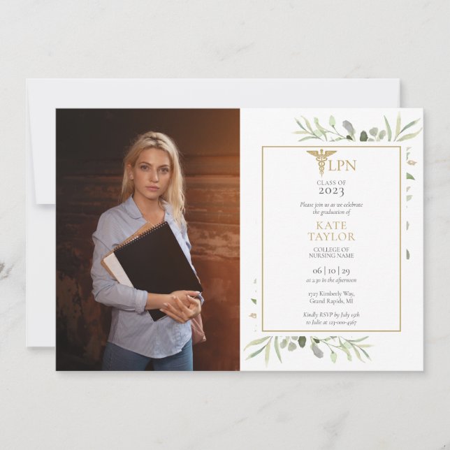 LPN Nursing Graduation Greenery Photo Invitation (Front)